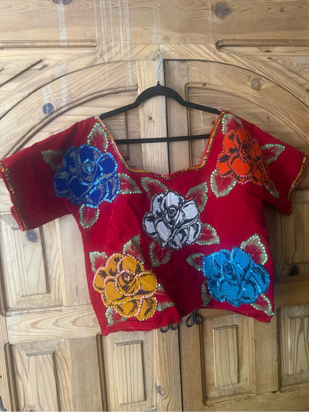 Embroidered sequin Mexican Red Floral Crop Top